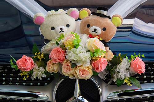 flower arrangement Mercedes-Benz wedding car with Rilakkuma and Korilakkuma wedding couple plush toy décor flower bouquet
